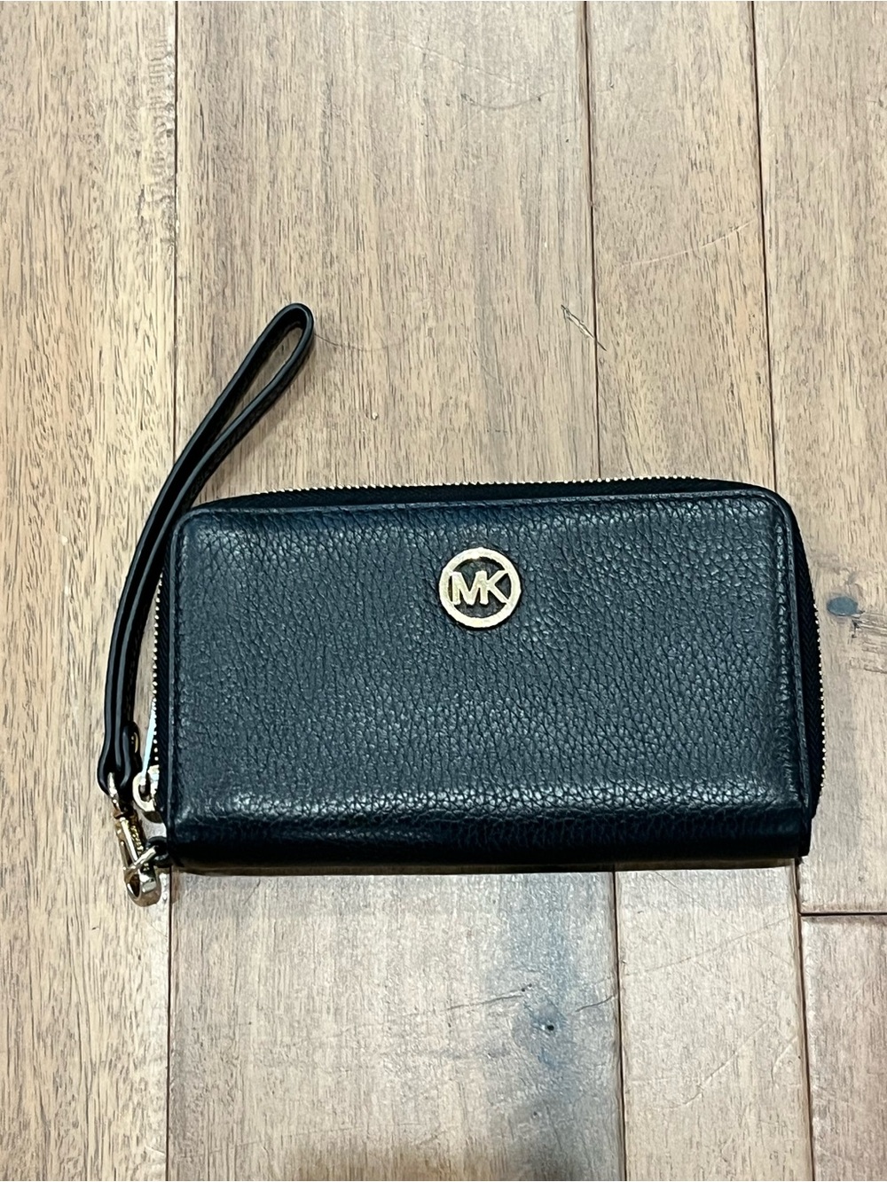 Michael Kors Black Pebbled Leather Wristlet with Gold MK Logo